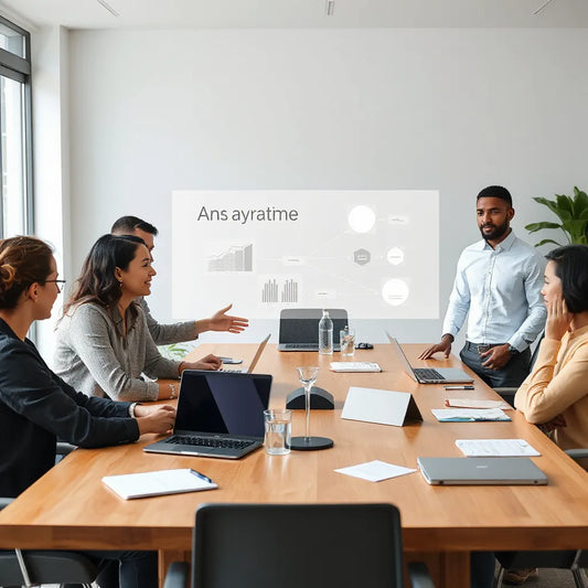 Business team collaborating around a table with a holographic data flow display