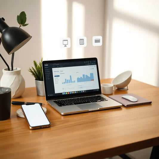 Minimal workspace with a laptop and smartphone showing product-style cards for selling digital items