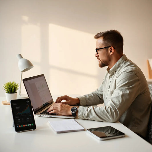 Entrepreneur reviewing laptop analytics and planning growth strategy on a modern desk