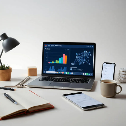 Modern workspace with laptop showing analytics and AI network visualization beside planning notebook