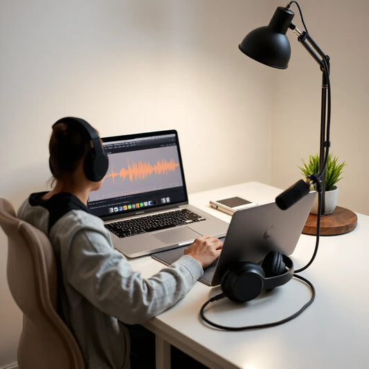 Marketer recording a voiceover with a studio microphone and laptop audio waveform interface