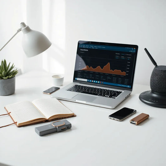 Clean desk setup with a laptop, smartphone, and essential tech accessories for launching an online business