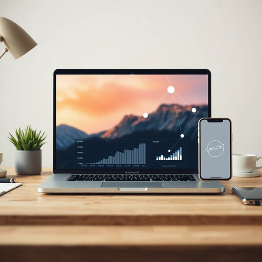 Laptop and phone with abstract growth visuals and connected data nodes on a clean modern desk