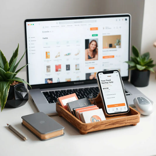 Laptop and smartphone showing a minimal digital storefront dashboard for selling digital products