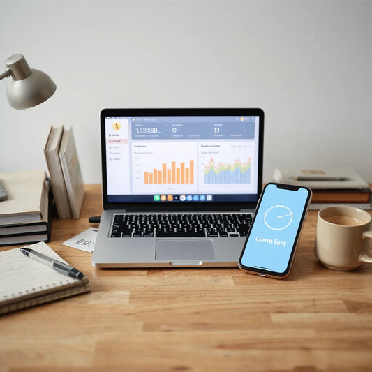 Laptop displaying a subtle AI dashboard with progress icons in a clean modern workspace