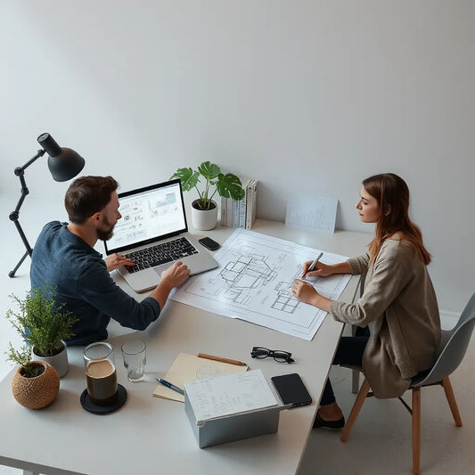 Collaborative workspace with a blueprint and laptop diagrams connected by design overlays