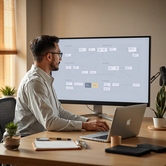 Marketing strategist reviewing connected automation workflows on a clean dashboard