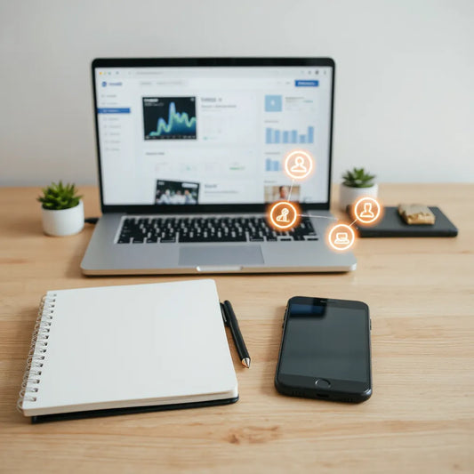 Laptop and phone with connected AI-style dashboard glow lines on a clean desk