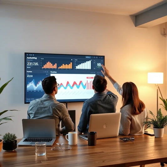 Team reviewing an analytics dashboard with customer segments on a laptop in a modern office