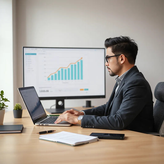 Business leader reviewing growth dashboard and rising chart on a clean office desk setup