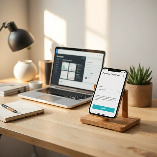 Minimal desk scene with laptop and phone showing downloadable product mockups and payment confirmation