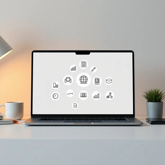 Laptop screen showing layered connected analytics and automation icons for building an online intelligence stack