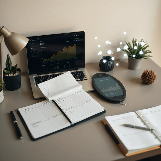 Modern desk with laptop analytics and subtle holographic growth connections for business scaling