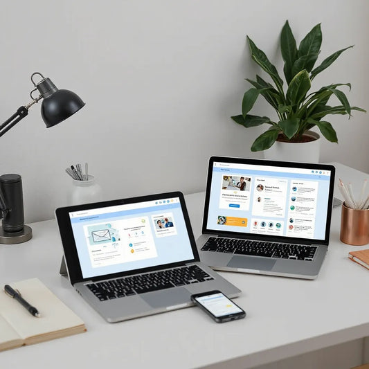 Laptop showing marketing automation dashboards with connected campaign and customer icons on screen
