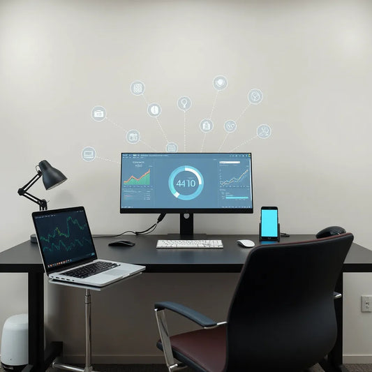 Minimal tech control hub showing connected workflow data panels and automation signals on a desk