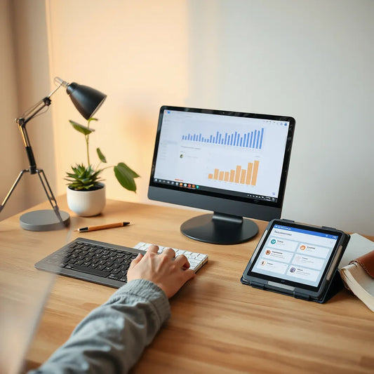 Entrepreneur using laptop with dashboard alongside phone and tablet workflow cards in a tidy workspace