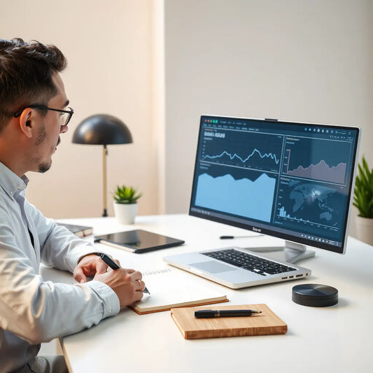 Entrepreneur reviewing a laptop dashboard with subtle AI network visuals on screen