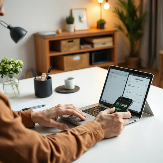Person using a laptop and smartphone while planning affiliate tracking and earning strategy