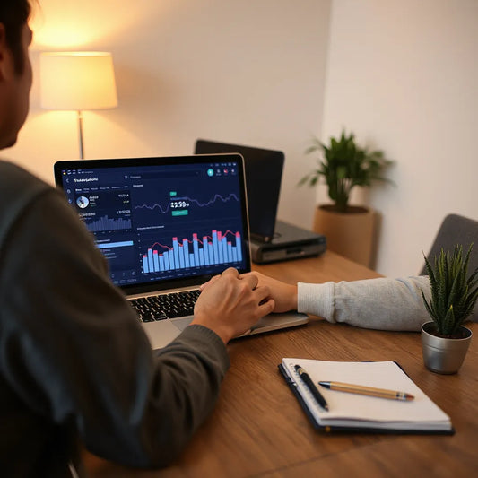 Small business owner reviewing AI-assisted insights on a laptop with customer messages on a phone