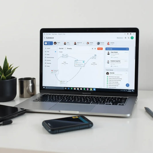 Laptop showing a generic automation dashboard with connected icons for email, scheduling, and payments