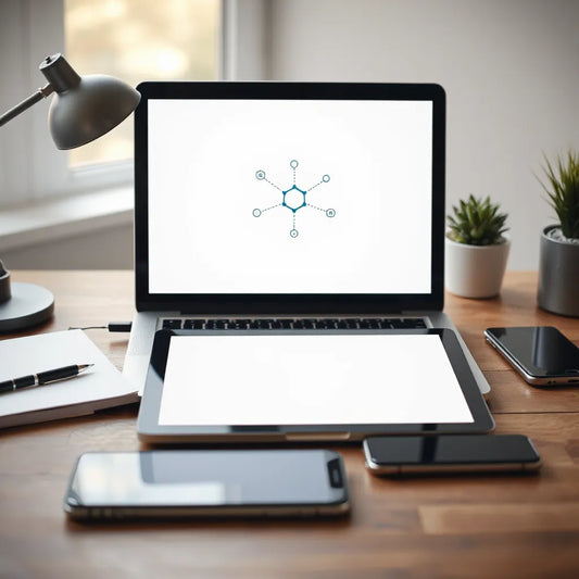Modern workspace with laptop and tablet showing connected workflow nodes for AI business automation