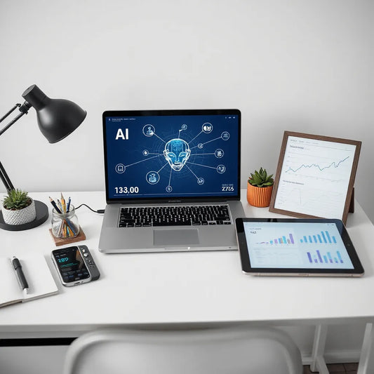 Minimal desk setup with laptop showing abstract AI interface nodes and charts