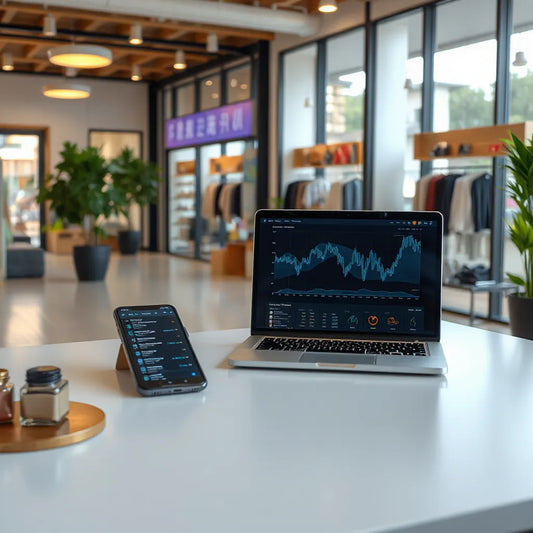 Laptop and smartphone on a desk with connected analytics visuals for ecommerce growth