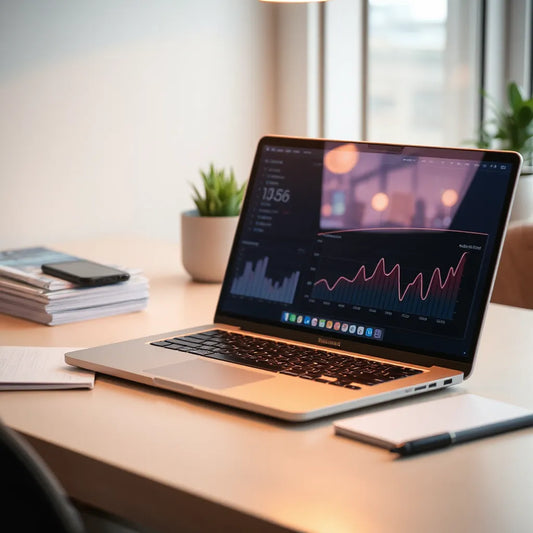 Person using a laptop with abstract analytics showing marketing performance and growth trends
