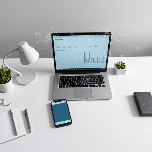 Modern marketer’s desk with laptop analytics dashboards and connected data nodes for AI-driven marketing
