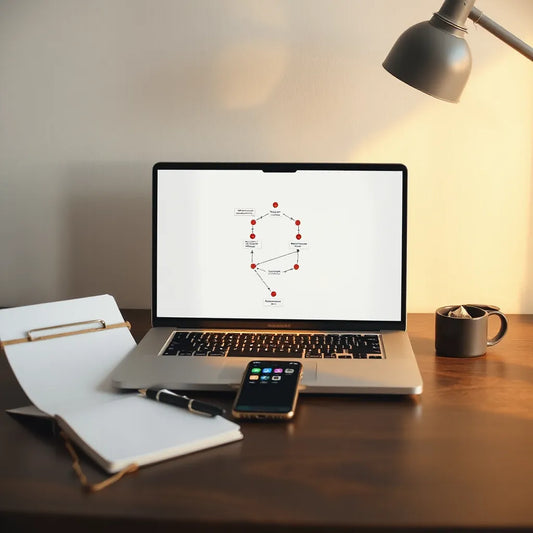 Modern desk setup with laptop showing an abstract workflow diagram and connected device icons