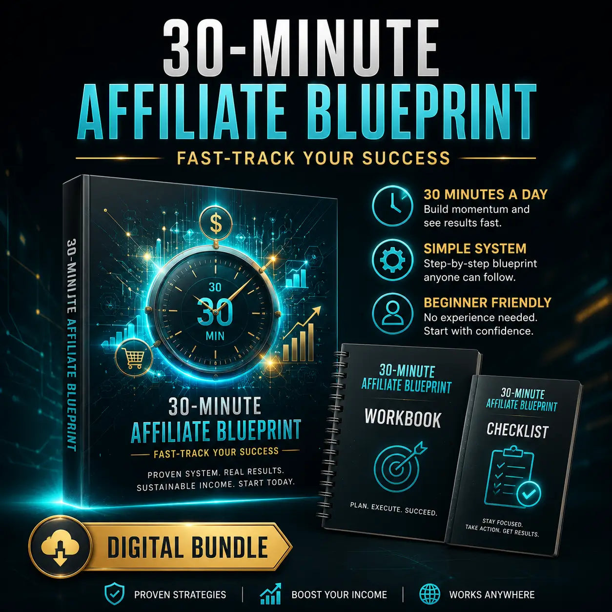Black digital bundle book 30-minute affiliate blueprint with glowing blue clock design for shopify affiliate step-by-step blueprint