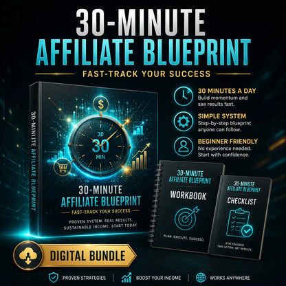 Black digital bundle book 30-minute affiliate blueprint with glowing blue clock design for shopify affiliate step-by-step blueprint