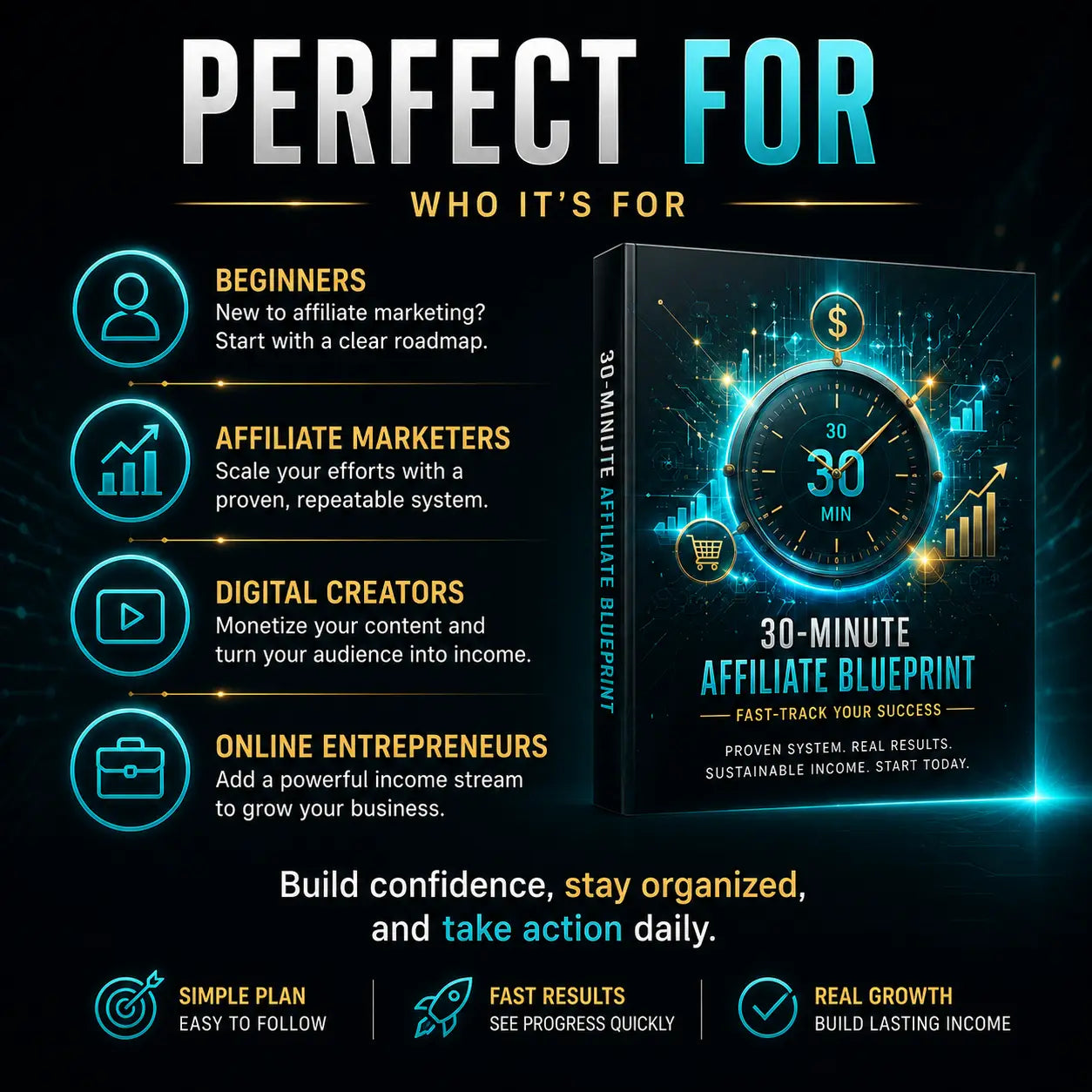 Black book with glowing blue digital design featuring 30-minute affiliate marketing blueprint for shopify affiliate step-by-step blueprint