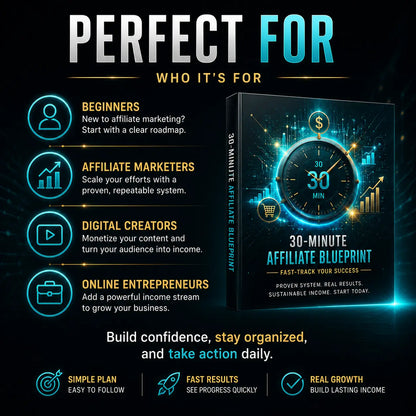 Black book with glowing blue digital design featuring 30-minute affiliate marketing blueprint for shopify affiliate step-by-step blueprint