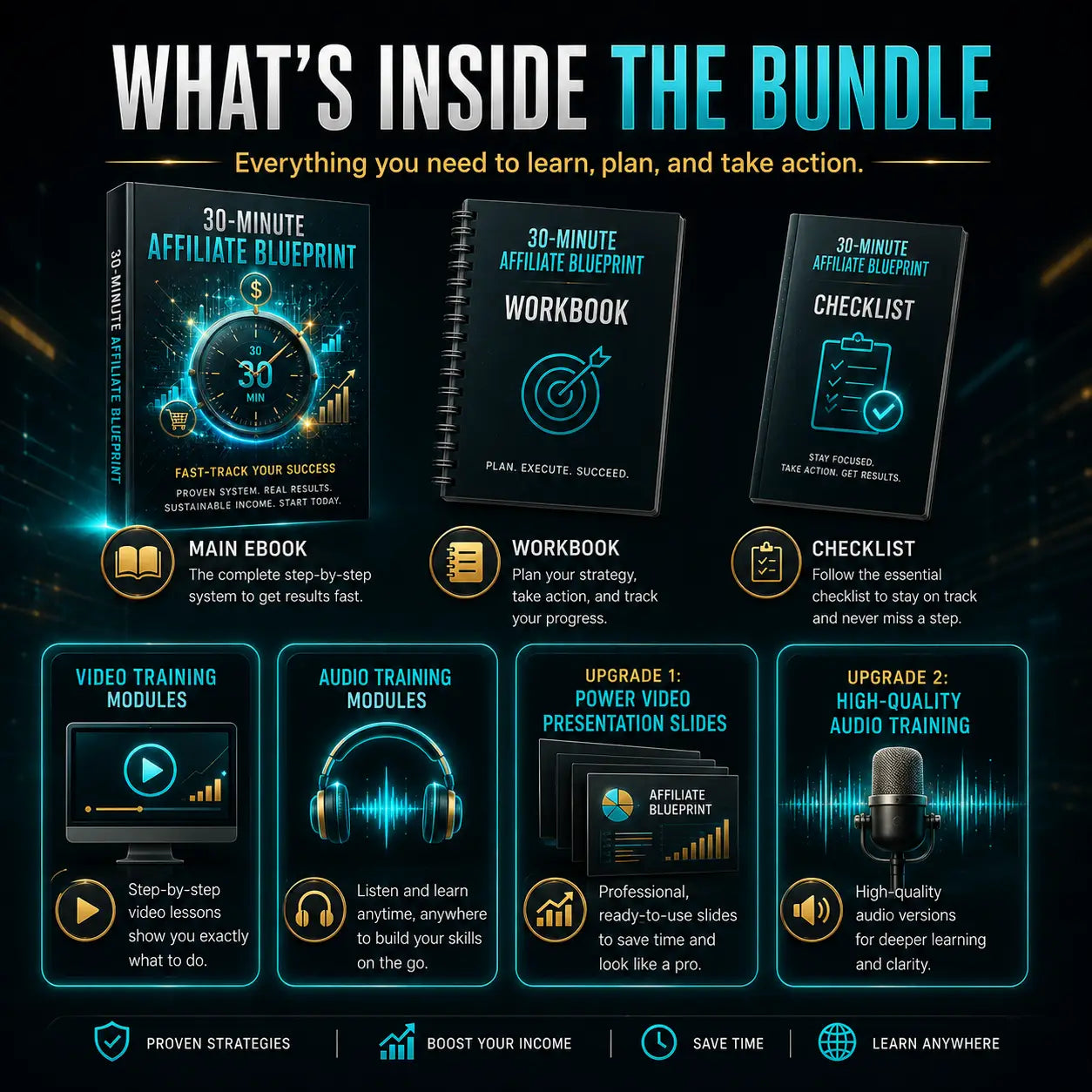The 30 minutes affiliate-marketing blueprint ebook features a black cover with glowing blue digital graphics for shopify affiliate use