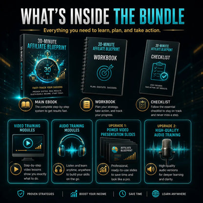 The 30 minutes affiliate-marketing blueprint ebook features a black cover with glowing blue digital graphics for shopify affiliate use