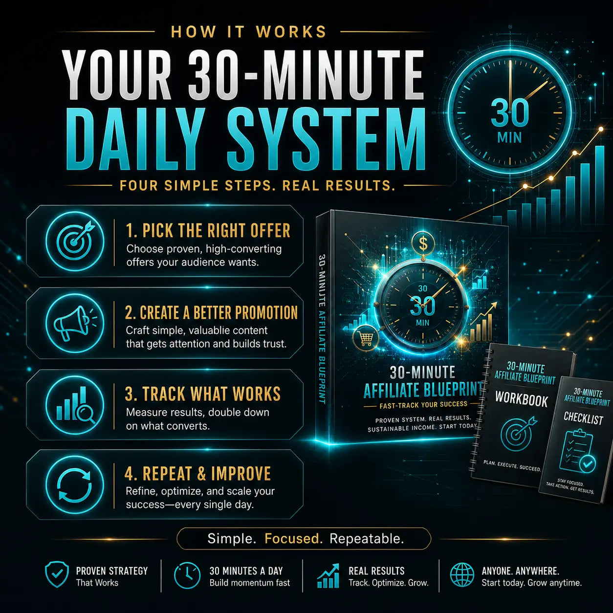 The 30-minute affiliate blueprint book has a sleek black cover with glowing blue graphics and a step-by-step blueprint design for shopify affiliate and problogger’s affiliate use