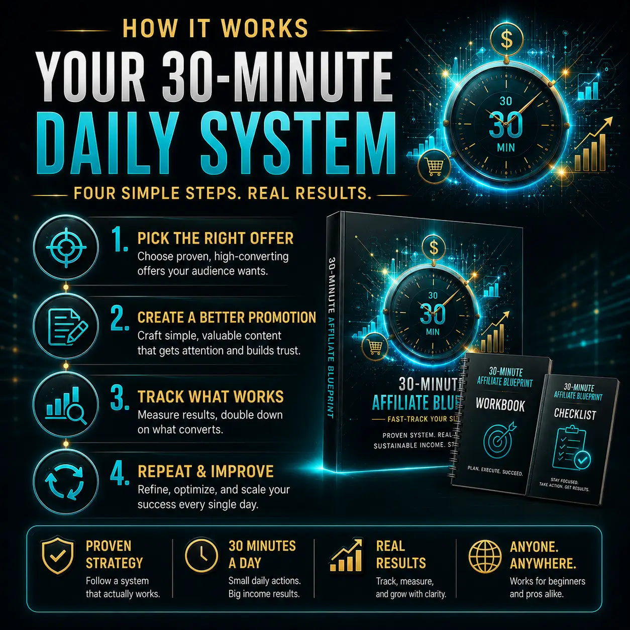 The 30 minutes affiliate marketing blueprint book with a sleek black cover and glowing blue clock design step-by-step blueprint