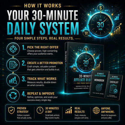 The 30 minutes affiliate marketing blueprint book with a sleek black cover and glowing blue clock design step-by-step blueprint