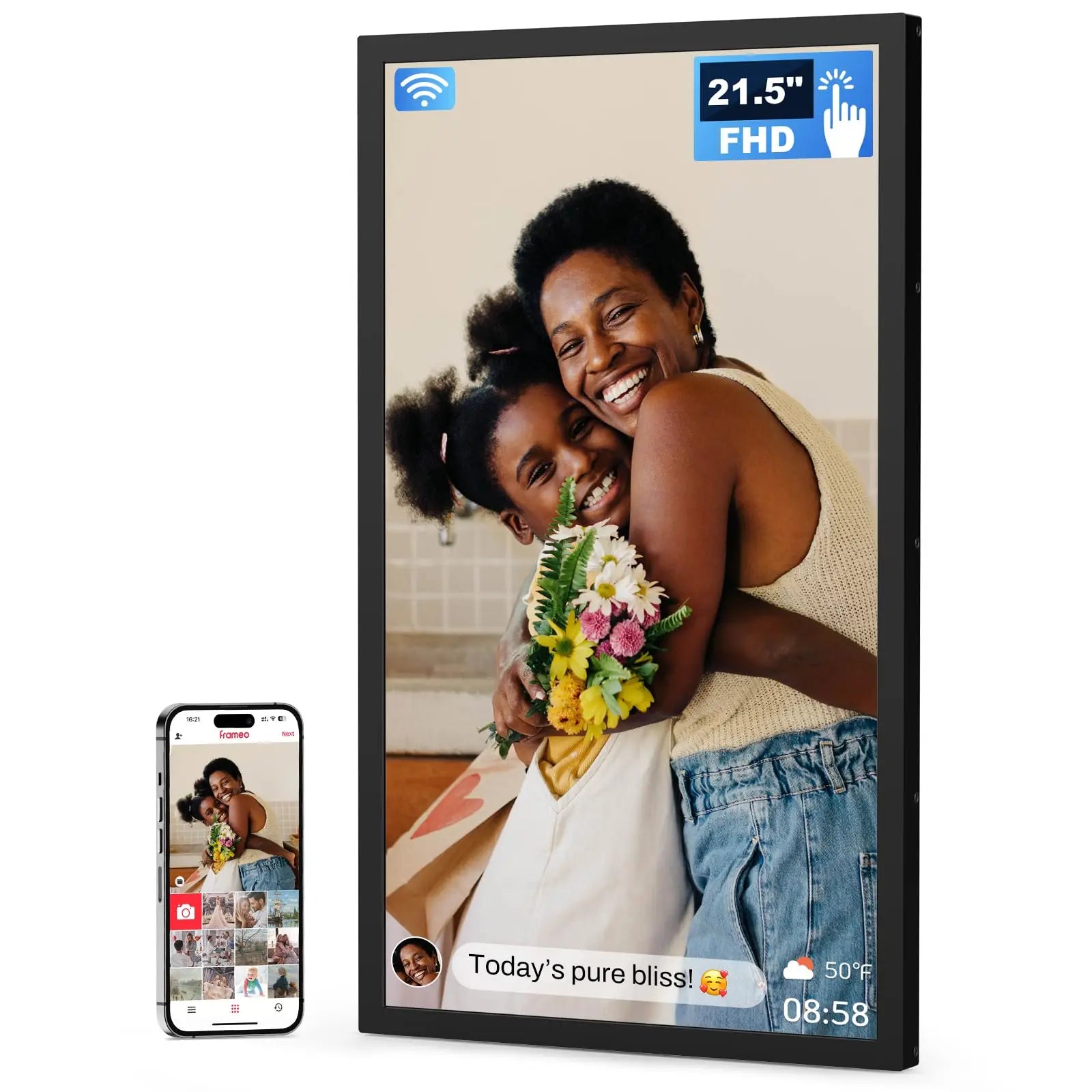 21.5-inch black digital photo frame displaying smiling mother and daughter with wifi, touch, time, and temperature features