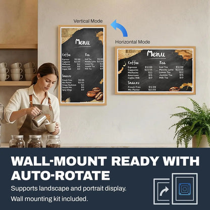 32 inch fhd extra large digital photo frame with touchscreen black menu board and gold-trimmed light wood picture frame