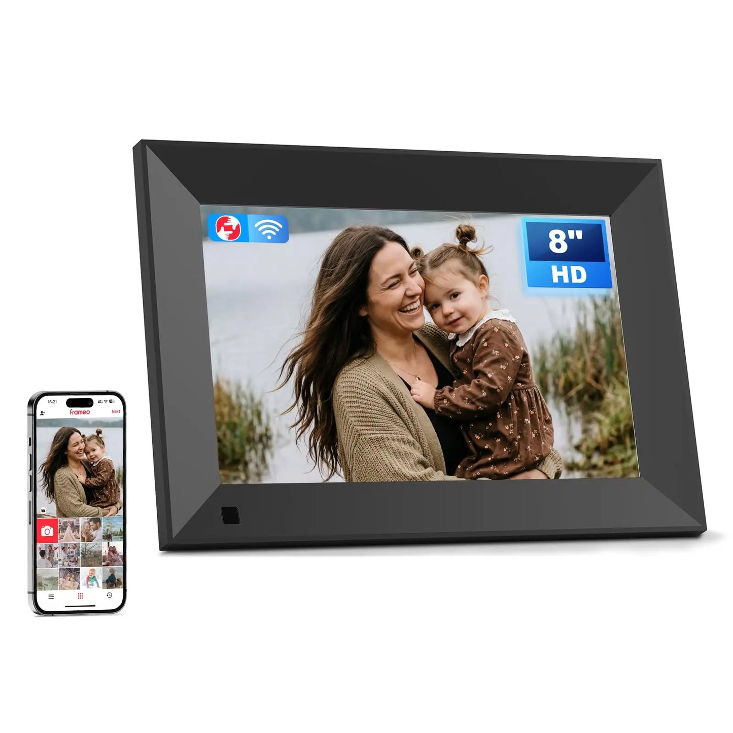 Black 8-inch hd digital photo frame with sleek modern design and wireless connectivity for sharing photos and videos