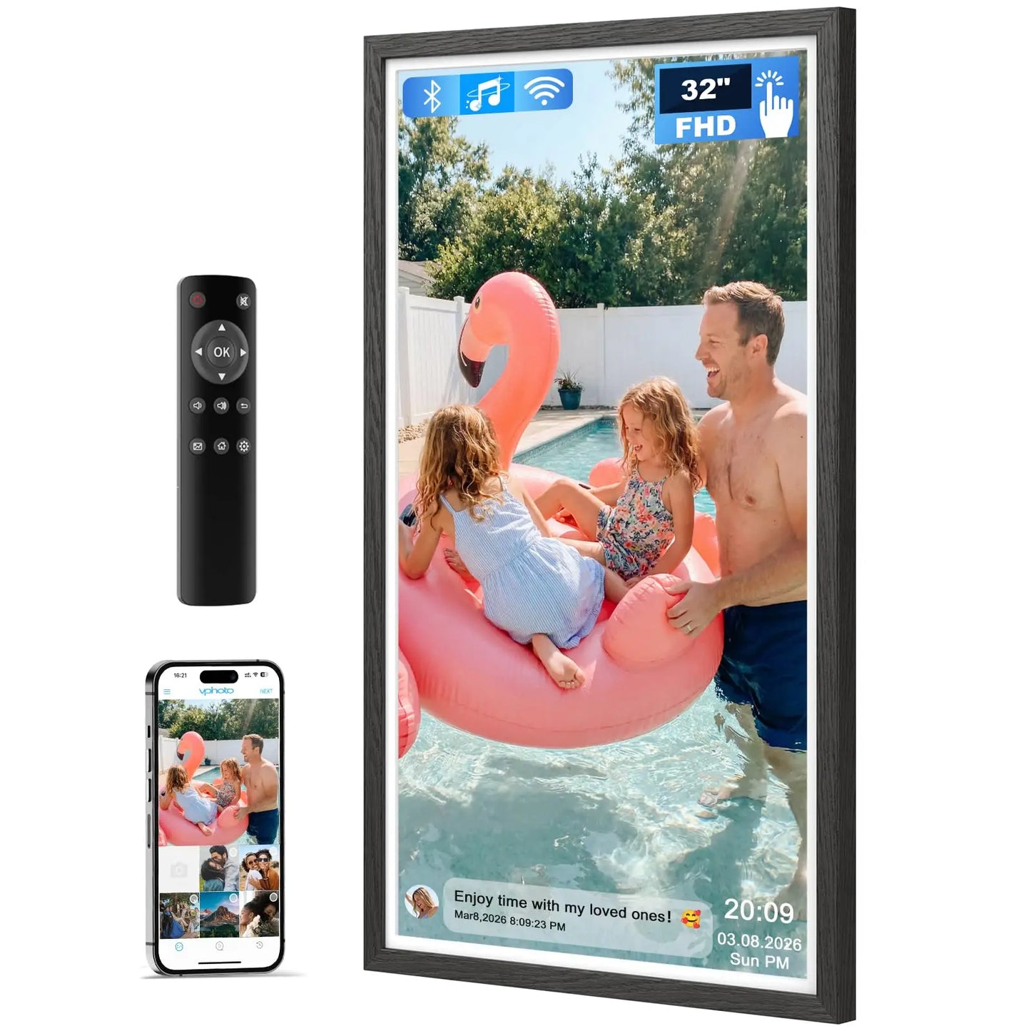 32 inch black-framed digital photo frame with wood pattern displaying vibrant family pool scene and pink flamingo inflatable