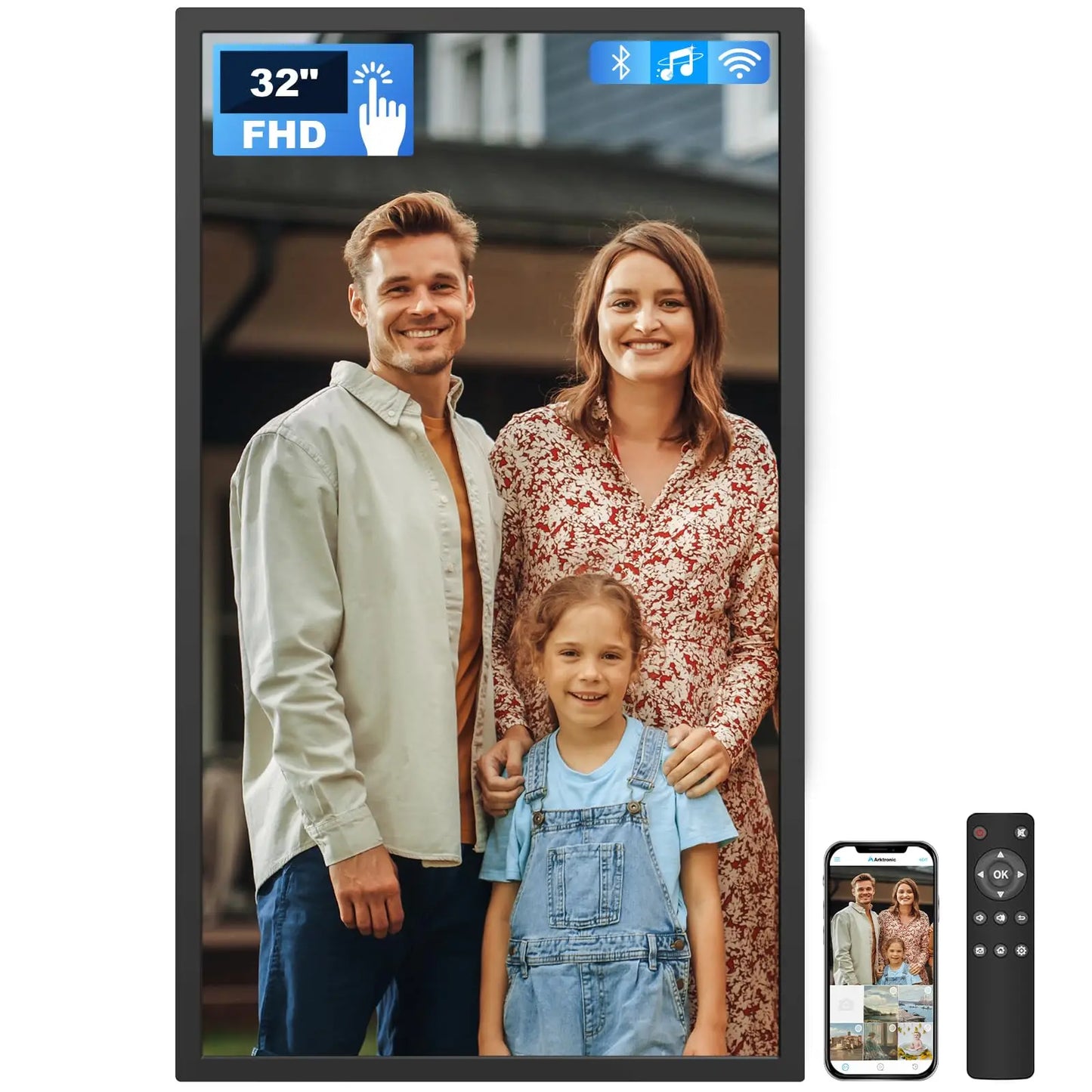 32 inch fhd extra large digital photo frame with black touchscreen frame wood pattern and 64gb storage