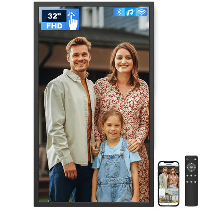32 inch fhd extra large digital photo frame with black touchscreen frame wood pattern and 64gb storage