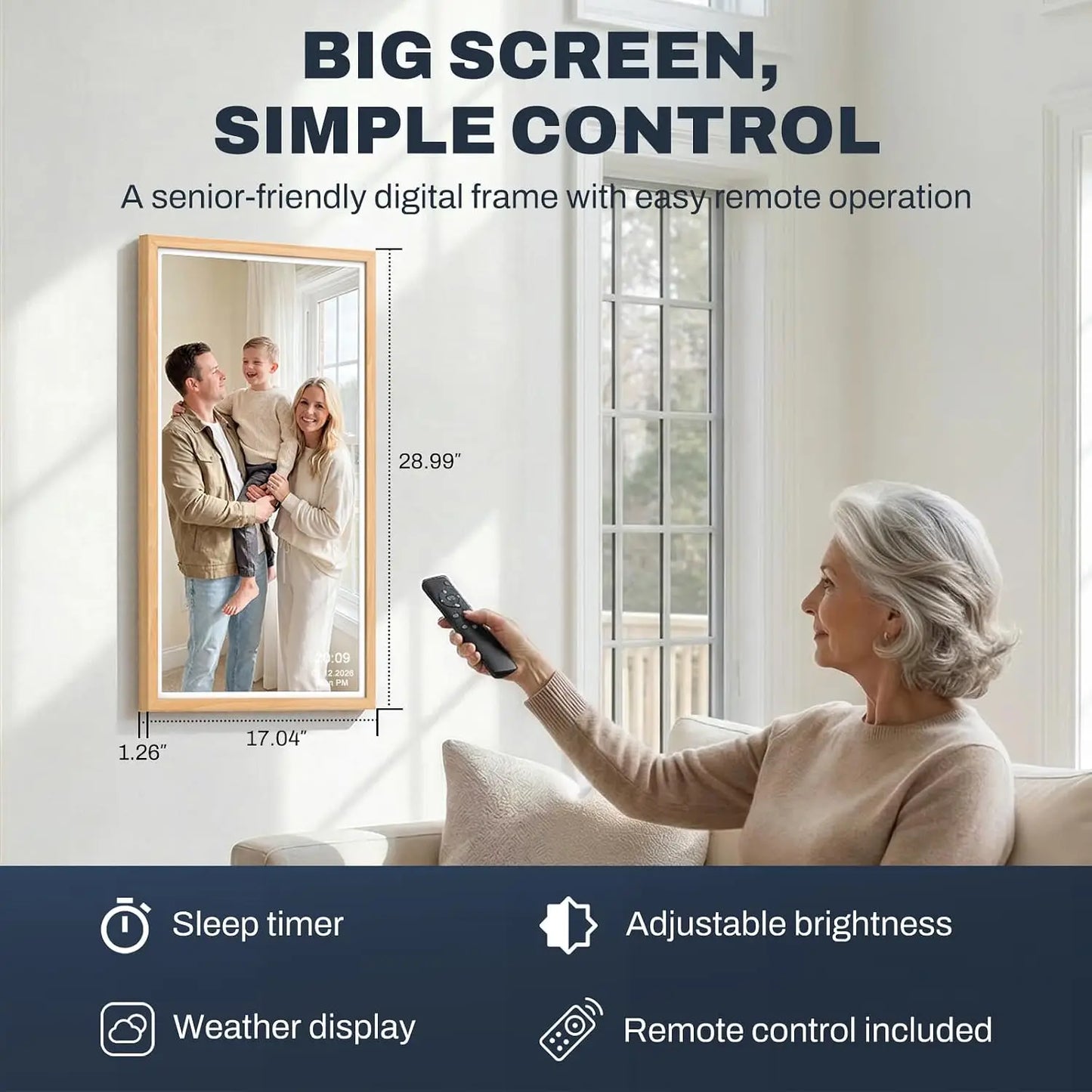 A sleek light wood framed digital photo frame with a 32 inch fhd touchscreen showing a family photo