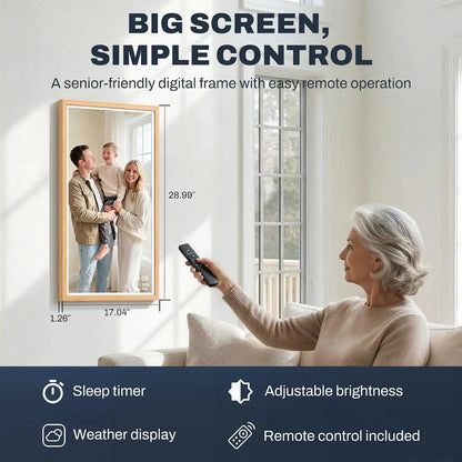 A sleek light wood framed digital photo frame with a 32 inch fhd touchscreen showing a family photo