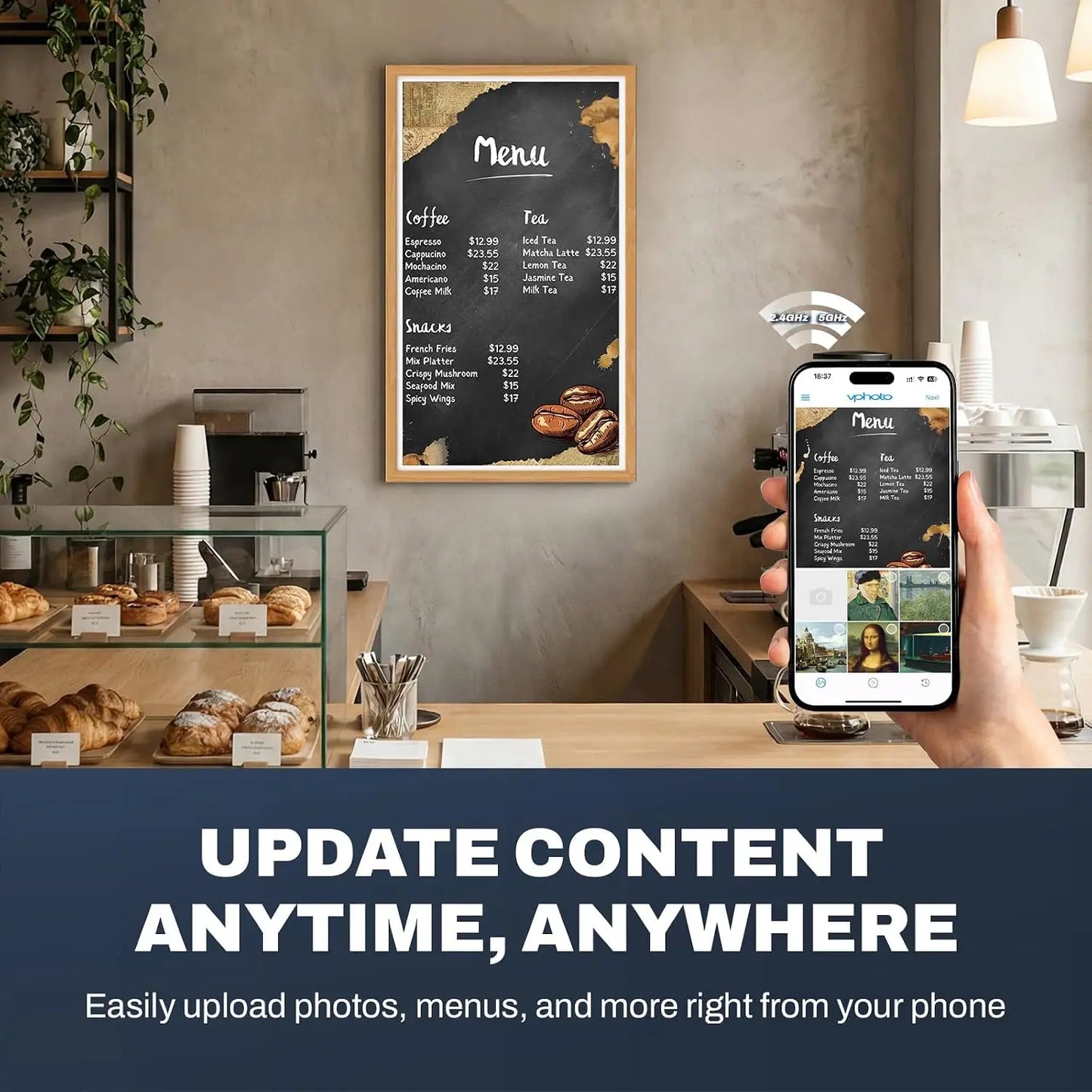 A 32 inch fhd wood pattern digital photo frame showing a smartphone with upholio app in front of a chalkboard menu
