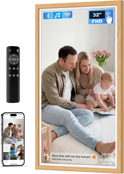 32 inch fhd digital photo frame with wooden frame bluetooth showing family photo on touchscreen display