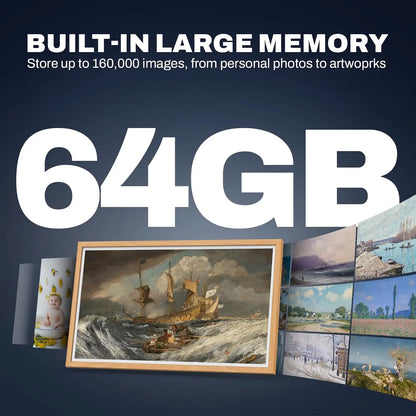 64gb digital photo frame with wood pattern design showing classic paintings and personal photos on touchscreen display
